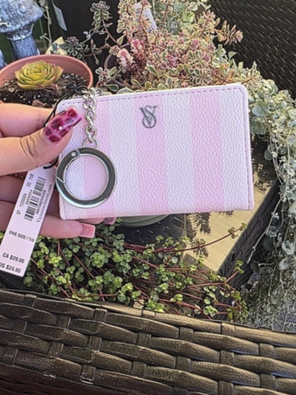 NWT Victoria's Secret Foldover Card Case Keychain Pink Heritage Stripe Wallet